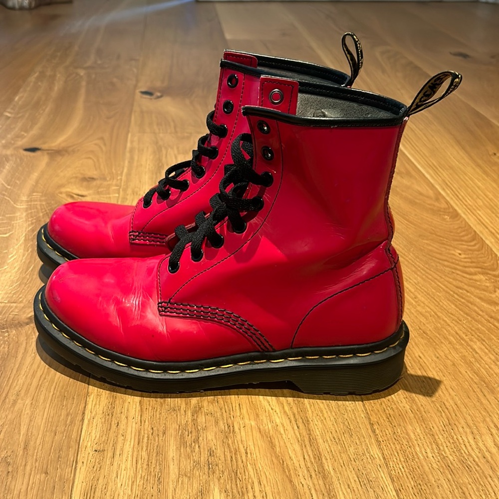 Shiny red cherry Dr Martens 8 hole boots. Like new